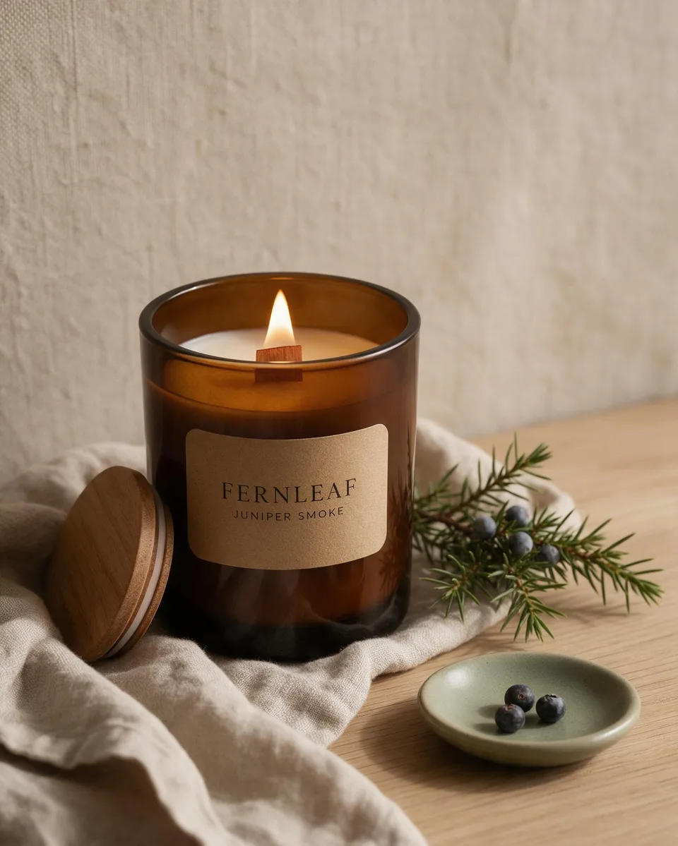 AI-generated: an amber glass candle labeled FERNLEAF / JUNIPER SMOKE on linen, with a juniper sprig and a sage ceramic dish of berries, soft light from the left