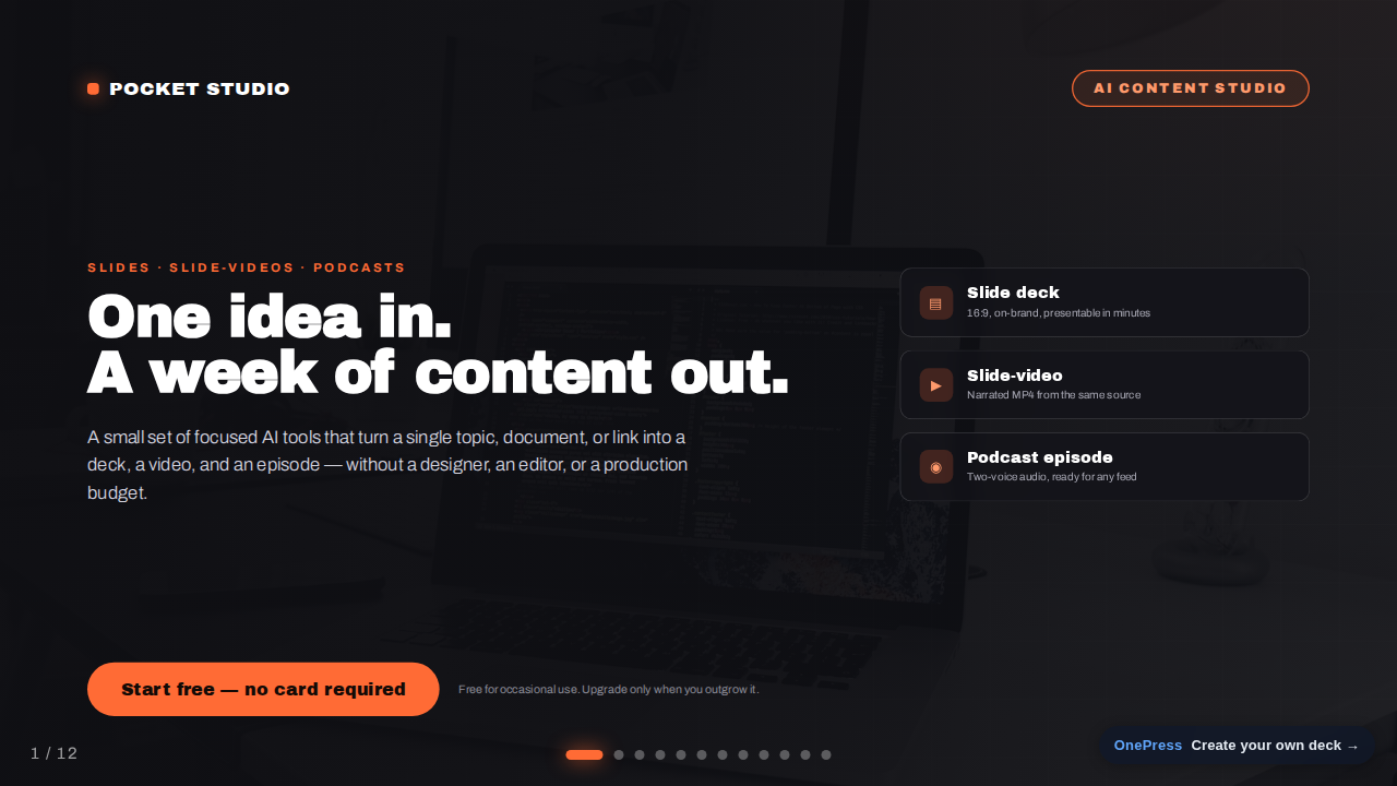 Pocket Studio sales deck — cover slide